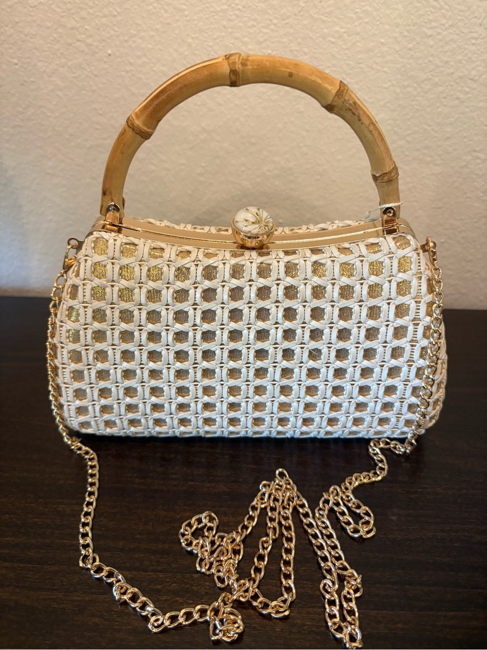 Tommy Bahama White Woven Mini Bag with Bamboo Handle